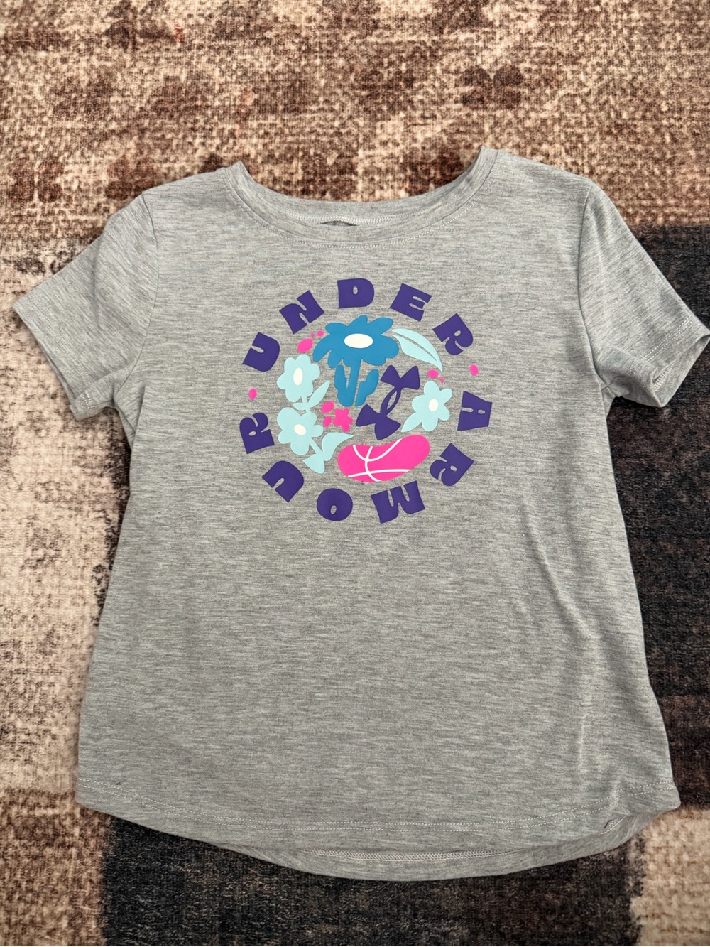 Under Armour Gray Short Sleeve Tee with Purple and Pink Floral Logo